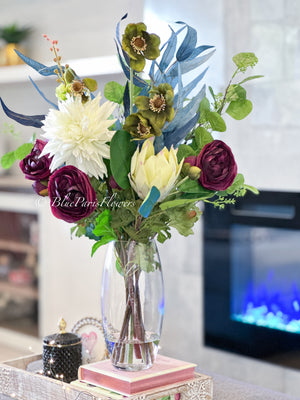 29” Mix Faux Flower Arrangement, Dahlia, Ranunculus, Protea, Green Floral Decor Silk/Real Touch Centerpiece Artificial Flowers, Gift Decor