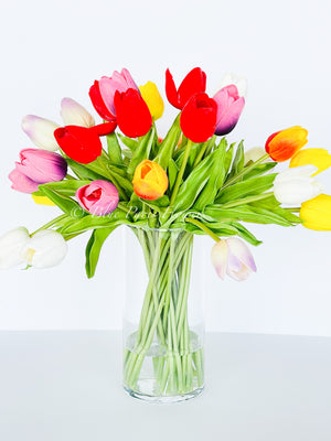 Real Touch Tulips in Glass Vase, Home Decor Faux Flower Arrangement, French Country Style, Floral Arrangement, Home Decor