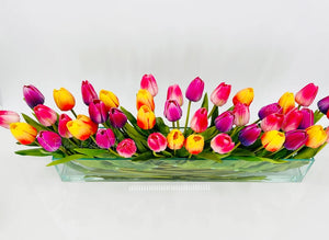 Modern Long REAL TOUCH Tulip Arrangement Artificial Faux Centerpiece Floral Flower Arrangement Silk Flowers Glass Vase French Decor Pink