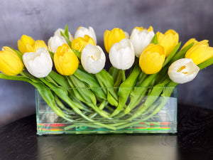 Modern Long Yellow White REAL TOUCH Tulip Arrangement Artificial Faux Centerpiece Floral Flower Arrangement Flowers Glass Vase French Decor