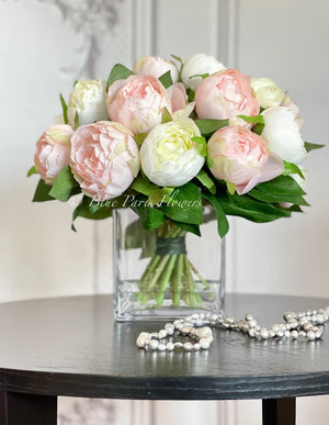 Modern Pink/White Peony Arrangement Artificial Faux Flower Centerpiece, French Country Floral Decor, Silk Flowers in Vase Home Decor by Blue