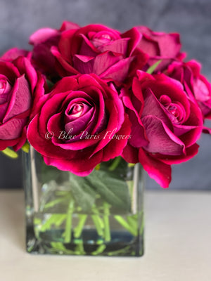 Fuchsia Velvet Roses Arrangement, Artificial Faux Centerpiece, Natural Touch Flowers in Glass Vase Home Decor, Floral Arrangement Blue Paris