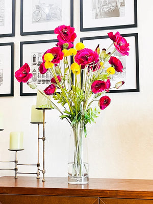 Modern Decor, Tall Fuchsia Poppy Artificial Faux Arrangement in Vase. Elegant Floral Faux Floral Centerpiece, Home, Office Decor Arrangement
