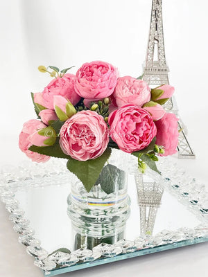 Pink Rose Peony Arrangement, Artificial Faux Table Centerpiece, Faux Florals, Silk Flowers Arrangement in Glass Vase by Blue Paris