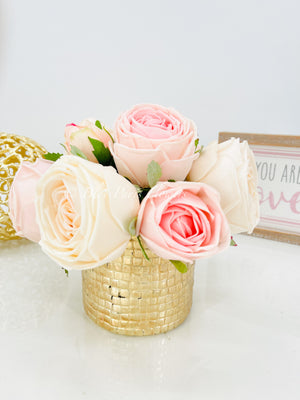 Pink Rose Arrangement | Real Touch | French Country | Floral Centerpiece, Artificial Faux Forever Flowers Gift for Home Decor in Gold Vase