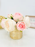 Pink Rose Arrangement | Real Touch | French Country | Floral Centerpiece, Artificial Faux Forever Flowers Gift for Home Decor in Gold Vase