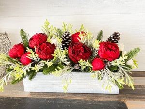 Red Peonies Christmas Faux Artificial Flower Arrangement-Christmas Faux Centerpiece-Christmas Fake Flowers Centerpiece-Christmas Gift-Decor