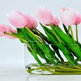 Modern Long REAL TOUCH Tulip Arrangement Artificial Faux Centerpiece Floral Flower Arrangement Silk Flowers Glass Vase French Decor Pink