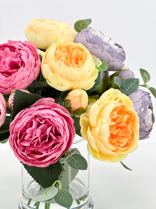 Pink/Purple/Yellow Rose Peony Arrangement, Artificial Faux Centerpiece, Faux Florals, Silk Flowers in Glass Vase, Mother’s Day by Blue Paris