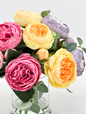 Pink/Purple/Yellow Rose Peony Arrangement, Artificial Faux Centerpiece, Faux Florals, Silk Flowers in Glass Vase, Mother’s Day by Blue Paris