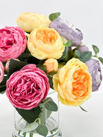 Pink/Purple/Yellow Rose Peony Arrangement, Artificial Faux Centerpiece, Faux Florals, Silk Flowers in Glass Vase, Mother’s Day by Blue Paris