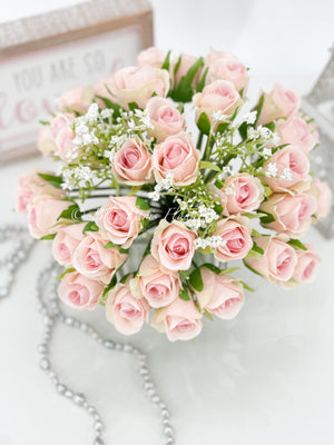 Light Pink 40 Roses Arrangement, Floral Flowers | Silk Artificial Faux Forever Flowers in Glass for Home Decor by Blue Paris Flowers