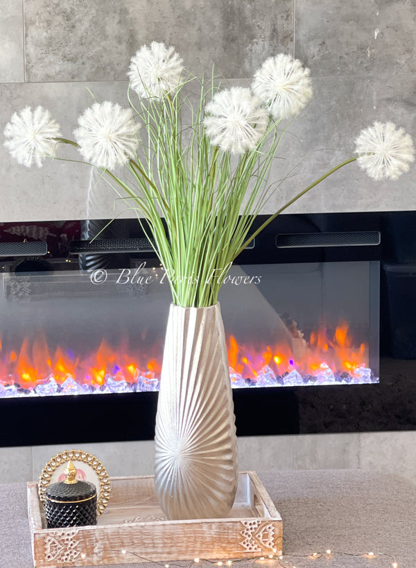 Modern Decor, Tall Dandelions Artificial Faux Arrangement in Vase. Elegant Floral Faux Floral Centerpiece, Home, Office Decor Arrangement