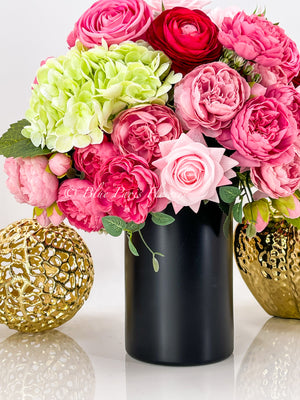 French Style Floral Arrangement, Pink Peonies Silk/Real Touch Rose Artificial Flower Centerpiece Faux Flower Unique Handmade Gift Decor