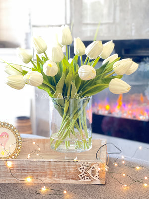 19” White Real Touch Tulips Modern Arrangement Centerpiece | Real Touch Artificial Faux Forever Flowers