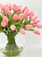 X-Large 60 Pink Tulips, French Modern Faux Floral Arrangement, Real Touch Artificial Faux Forever Flowers in Glass Vase, Fake, Wedding Decor