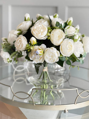 X-Large White Rose Peony Arrangement, Artificial Faux Centerpiece, Silk Flowers in Glass Vase for Home Decor