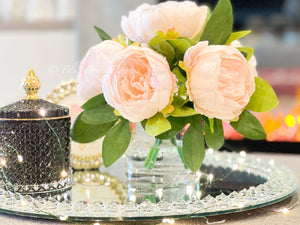 LT Pink Rose Peony Arrangement, Artificial Faux Table Centerpiece, Wedding Faux Florals Silk Flowers Arrangement in Glass Vase by Blue Paris
