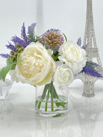 Arrangement in Vase, Peonies, Lavender, French Country Artificial Flowers Faux Home Decor Realistic Floral Arrangement Blue Paris