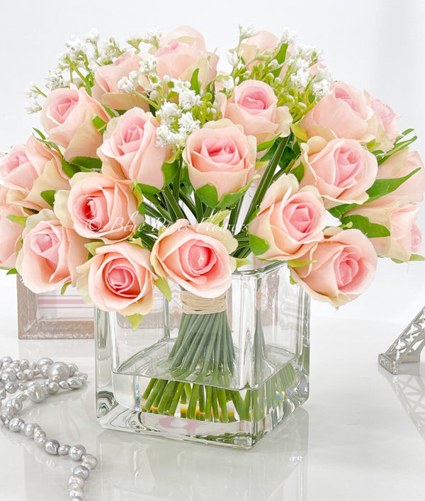 Light Pink 40 Roses Arrangement, Floral Flowers | Silk Artificial Faux Forever Flowers in Glass for Home Decor by Blue Paris Flowers