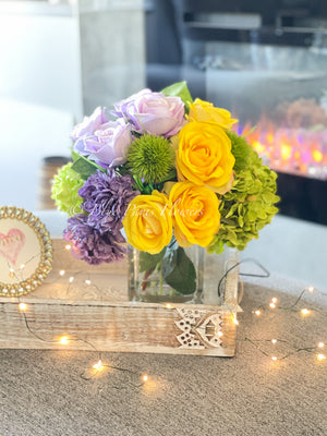 Modern Floral Arrangement | French Country | Table Centerpiece, Yellow, Lavender | Unique Floral Faux Flowers in Glass Vase for Home Decor