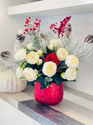Christmas Artificial Flower Arrangement-Christmas Faux Centerpiece-Christmas Flowers- White Peonies Flower Centerpiece-Christmas Gift-Decor