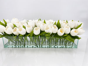 Modern Long White REAL TOUCH Tulip Arrangement Artificial Faux Centerpiece Floral Flower Arrangement Faux Flowers Glass Vase French Decor