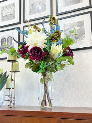 29” Mix Faux Flower Arrangement, Dahlia, Ranunculus, Protea, Green Floral Decor Silk/Real Touch Centerpiece Artificial Flowers, Gift Decor