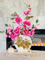 Magenta Magnolias Arrangement in White and Gold Vase, French Country Artificial Flowers, Faux Floral Home Decor, Realistic Floral Arrangement