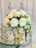 Floral Arrangement, REAL TOUCH White Peonies, Rose, Hydrangeas, Artificial Flower Centerpiece Faux Real French Arrangement Glass Vase Flower