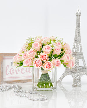 Light Pink 40 Roses Arrangement, Floral Flowers | Silk Artificial Faux Forever Flowers in Glass for Home Decor by Blue Paris Flowers