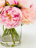 French Pink Peonies Arrangement, Artificial Faux Floral Centerpiece, High-quality Silk Flowers in Glass Vase for Home Decor Blue Paris