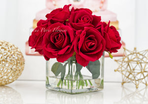 Red Velvet Roses Arrangement, Artificial Faux Centerpiece, Natural Touch Flowers in Glass Vase Home Decor, Floral Arrangement Blue Paris