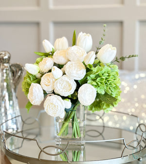 French Country Peony Arrangement in Vase, White Floral Arrangement, White Tulip Peony for Home Decor,Real Touch Green Hydrangea Centerpiece