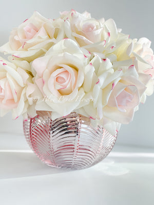 Real Touch Blush Rose Arrangement | French Floral Centerpiece Artificial Faux Forever Flowers in Rose-gold Vase for Home Decor by Blue Paris decor