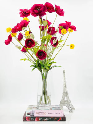 Modern Decor, Tall Fuchsia Poppy Artificial Faux Arrangement in Vase. Elegant Floral Faux Floral Centerpiece, Home, Office Decor Arrangement