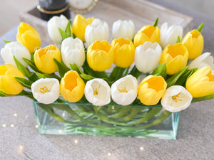 Modern Long Yellow White REAL TOUCH Tulip Arrangement Artificial Faux Centerpiece Floral Flower Arrangement Flowers Glass Vase French Decor