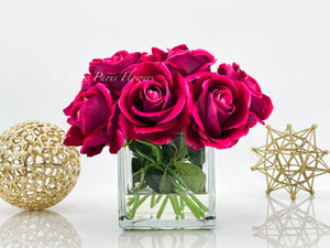 Fuchsia Velvet Roses Arrangement, Artificial Faux Centerpiece, Natural Touch Flowers in Glass Vase Home Decor, Floral Arrangement Blue Paris