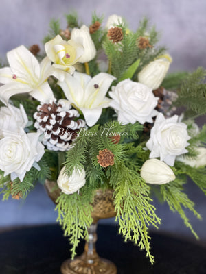 Winter French Elegant Real Touch Artificial Flower Arrangement-Christmas Faux Centerpiece-Flowers- White Roses Flower Centerpiece Gift-Decor