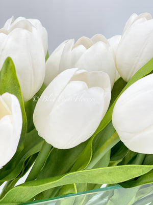 Modern Long White REAL TOUCH Tulip Arrangement Artificial Faux Centerpiece Floral Flower Arrangement Faux Flowers Glass Vase French Decor