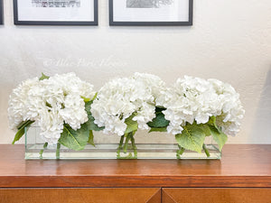 Modern Long REAL TOUCH Hydrangeas Arrangement Artificial Faux Centerpiece Floral Flower Arrangement Silk Flowers Glass Vase French Decor