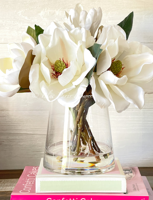 Luxurious White Magnolia Arrangement Real Touch/Silk Artificial Faux Centerpiece-Fake Flower Centerpiece-Home Decor Floral Gift Blue Paris
