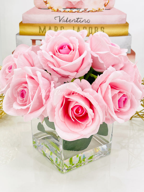 Pink Velvet Roses Arrangement, Artificial Faux Centerpiece, Natural Touch Flowers in Glass Vase Home Decor, Floral Arrangement Blue Paris