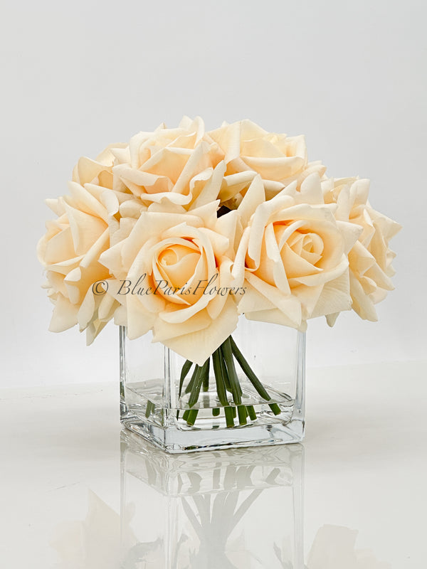 Real Touch Cream Roses Arrangement in Vase, French Country Artificial Flowers Faux Floral Home Decor Realistic Arrangement Blue Paris