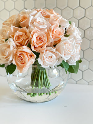 45 Cream & Peach Rose Arrangement Artificial Faux Silk Flowers in Glass Vase, Modern French Decor, Floral Centerpiece, Home Decor Gift Blue Paris