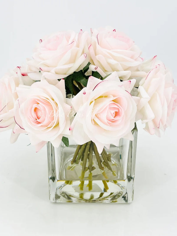 Real Touch Light Pink Roses Arrangement in Vase, French Country Artificial Flowers, Faux Floral Home Decor, Realistic Floral Arrangement