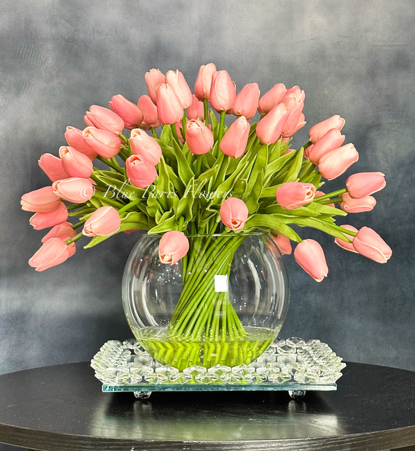 X-Large 60 Pink Tulips, French Modern Faux Floral Arrangement, Real Touch Artificial Faux Forever Flowers in Glass Vase, Fake, Wedding Decor