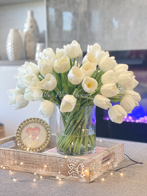 Large 40 White Tulips Modern Faux French Floral Arrangement | Real Touch Artificial Faux Forever Flowers in Glass Vase, Faux Flowers, Vase