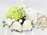 White Green Hydrangeas Peony | French Country |Arrangement in Clear Glass Vase with clear acrylic water for Home Decor by Blue Paris Flowers