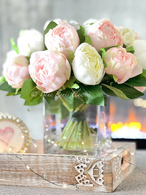 Modern Pink/White Peony Arrangement Artificial Faux Flower Centerpiece, French Country Floral Decor, Silk Flowers in Vase Home Decor by Blue